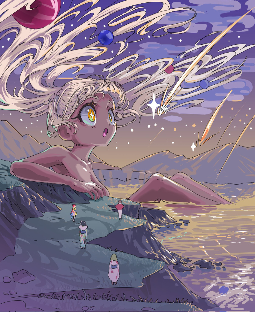 blonde_hair, breasts, ceres_fauna, dark-skinned_female, dark_skin, giant, gurumie, hair_ornament, hakos_baelz, highres, hololive, hololive_english, large_breasts, light_brown_hair, long_hair, nanashi_mumei, ouro_kronii, planet_hair_ornament, sidelocks, tsukumo_sana, twintails, very_long_hair, virtual_youtuber, yellow_eyes