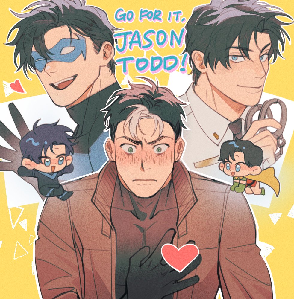 >_o, 2boys, batman_(series), black_bodysuit, black_gloves, black_hair, black_shirt, blue_bodysuit