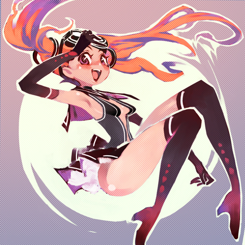 1girl, boots, breasts, goggles, goggles_on_head, large_breasts, long_hair, lowres, no_bra, open_mouth, orange_hair, original, otonari_koubou, skirt, smile, teeth, thighs, toon_(style), violet_eyes, yoshinari_you