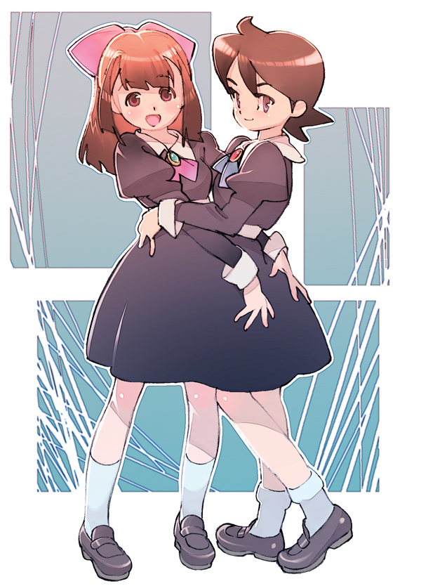 2girls, brown_eyes, brown_hair, hug, long_hair, looking_at_viewer, multiple_girls, original