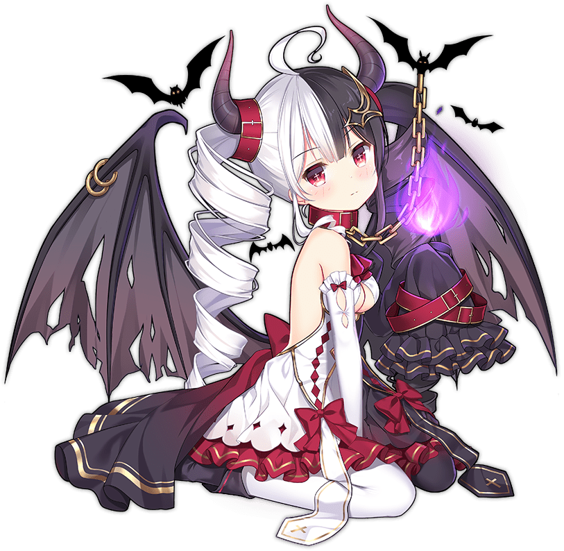 1girl, ahoge, ark_order, ascot, bare_shoulders, bat, black_dress, black_footwear, black_hair, black_legwear, boots, bow, breasts, chain, closed_mouth, collar, demon_wings, detached_sleeves, dress, drill_hair, elbow_gloves, expressionless, fire, frilled_sleeves, frills, from_side, full_body, gloves, hair_belt, hair_ornament, hairclip, hela_(ark_order), horns, ikataruto, looking_at_viewer, medium_breasts, multicolored_hair, official_art, red_ascot, red_bow, red_collar, red_eyes, single_glove, single_sleeve, sitting, sleeves_past_fingers, sleeves_past_wrists, solo, split-color_hair, tachi-e, torn_wings, transparent_background, twin_drills, two-tone_hair, wariza, white_dress, white_gloves, white_hair, white_legwear, wings