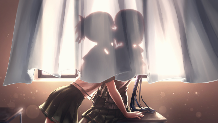 2girls, absurdres, curtains, desk, highres, indoors, itaro, kiss