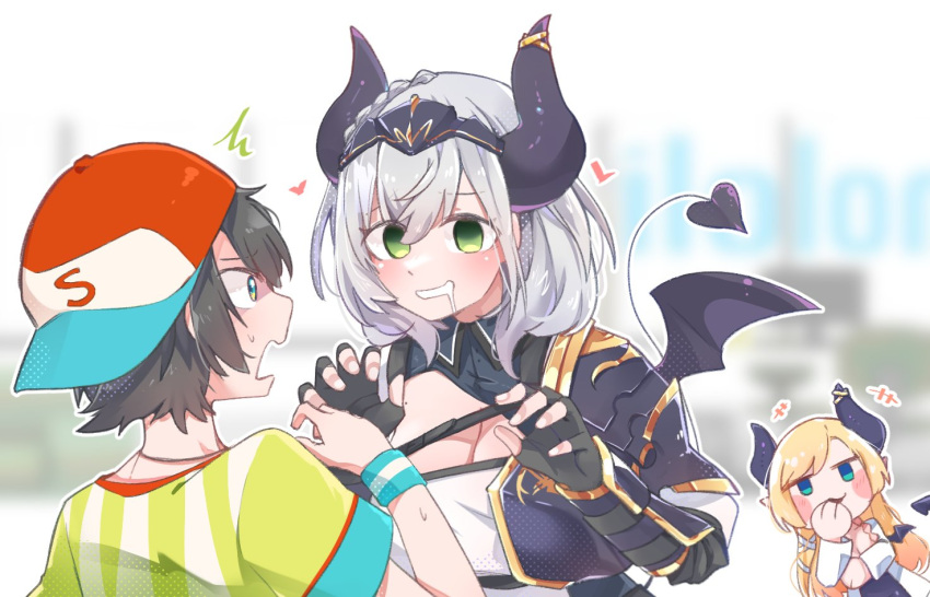 armor, armored_dress, backwards_hat, blonde_hair, breasts, chest_belt, chest_strap, cleavage_cutout