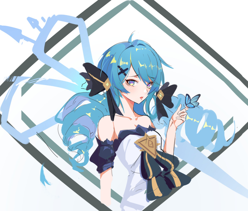 1girl, absurdres, bangs, bare_shoulders, black_background, black_bow, black_sleeves, blue_eyes