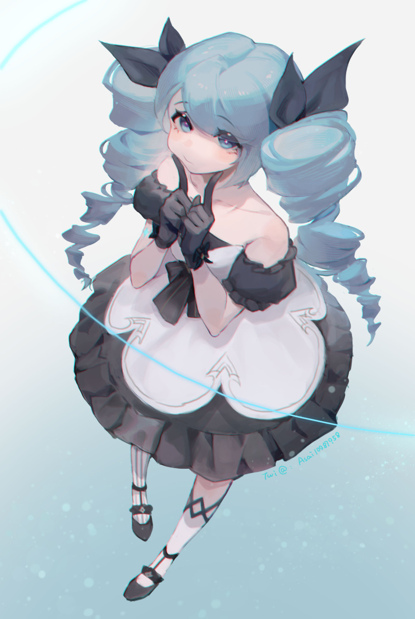 1girl, absurdres, asami_okutoshioku, asymmetrical_legwear, bangs, bare_shoulders, black_bow, black_dress
