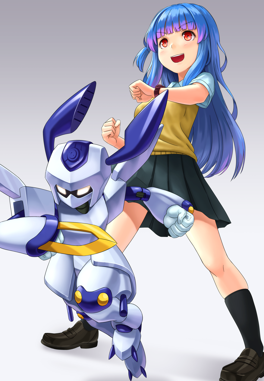 1girl, :d, black_legwear, black_skirt, blue_hair, blue_shirt, gradient, gradient_background, highres, humanoid_robot, kneehighs, kotonoha_aoi, kurione_(zassou), loafers, medarot, miniskirt, one_side_up, open_mouth, pleated_skirt, red_eyes, rokusho_(medarot), school_uniform, shirt, shoes, short_sleeves, skirt, smile, sweater, sweater_vest, teeth, voiceroid, yellow_sweater