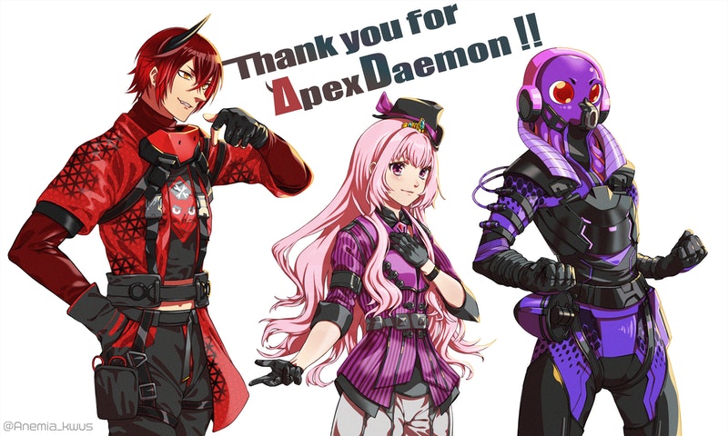 1girl, 2boys, anemia_kwus, apex_daemon, apex_legends, black_gloves, black_headwear, black_pants