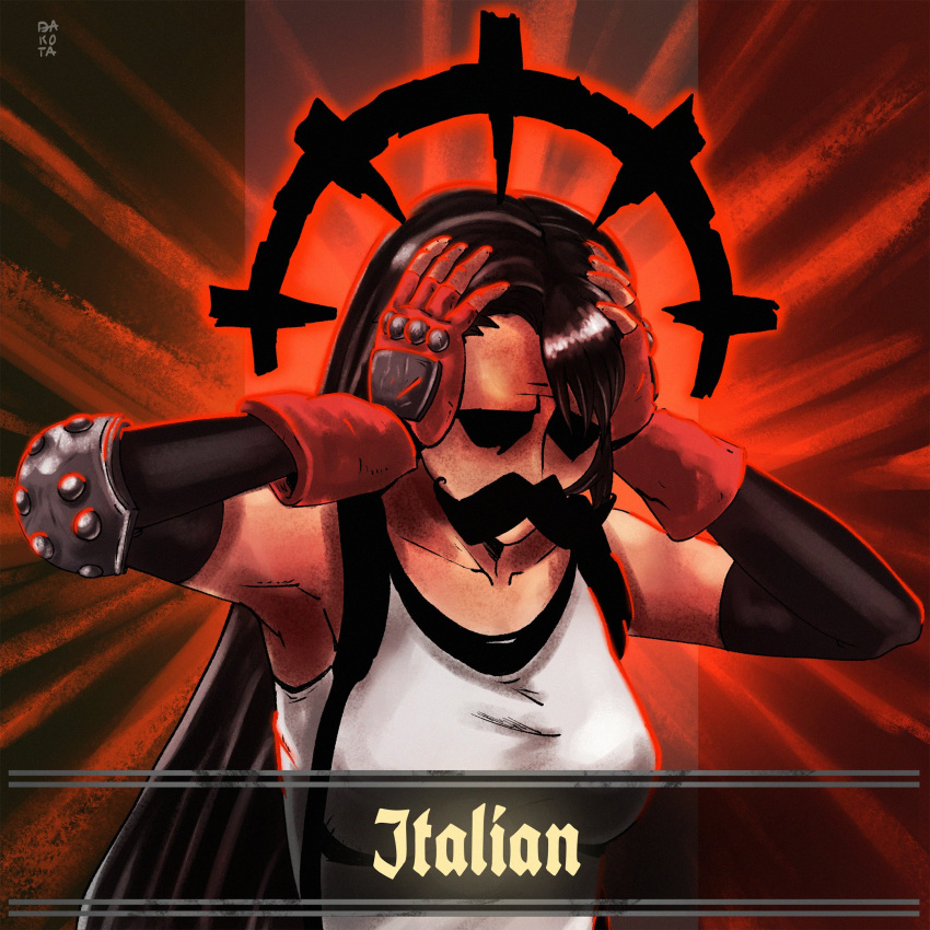 1girl, affliction_(darkest_dungeon), commentary, dakota_a_degarmo, darkest_dungeon, depressed, elbow_gloves, elbow_pads