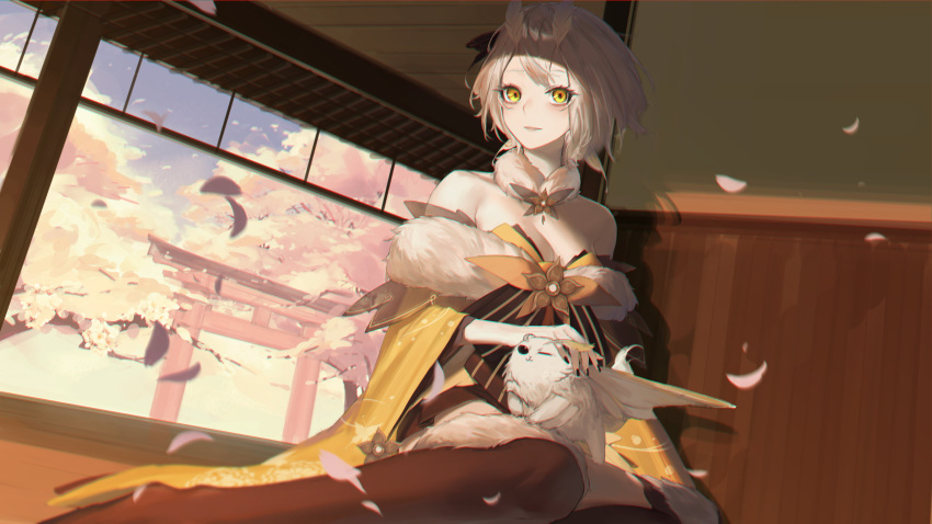 1girl, absurdres, arthropod_girl, black_footwear, black_legwear, black_nails, bug, commission, head_tilt, high_heels, highres, indie_virtual_youtuber, japanese_clothes, kimono, looking_at_viewer, moth, moth_girl, off_shoulder, pale_skin, pantyhose, petals, petting, sanagi_yuzu, second-party_source, short_hair, silver_hair, skeb_commission, smile, solo, torii, tree, virtual_youtuber, yakushi9kv, yellow_eyes, yellow_kimono
