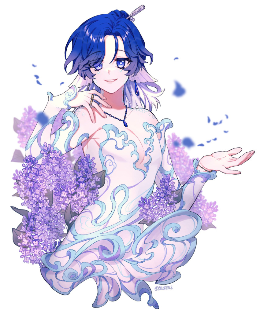 1boy, androgynous, bangs, blue_hair, detached_sleeves, dress, english_commentary, flower