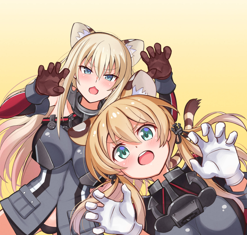 2girls, :3, anchor_hair_ornament, animal_ears, aqua_eyes, bismarck_(kancolle), blonde_hair, blue_eyes