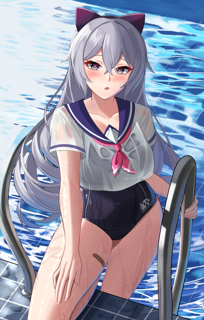 1girl, :o, absurdres, aircell, bandaid, bangs, blue_swimsuit, blush