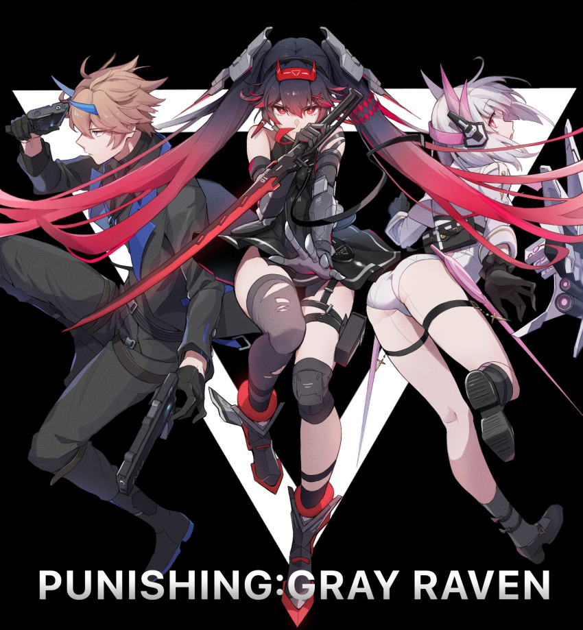 1boy, 2girls, ass, bangs, bare_shoulders, black_coat, black_footwear, black_gloves