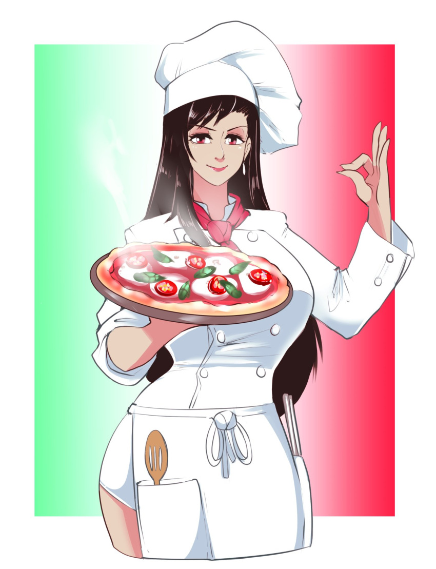 1girl, apron, bangs, breasts, brown_eyes, brown_hair, chef_hat, dwps