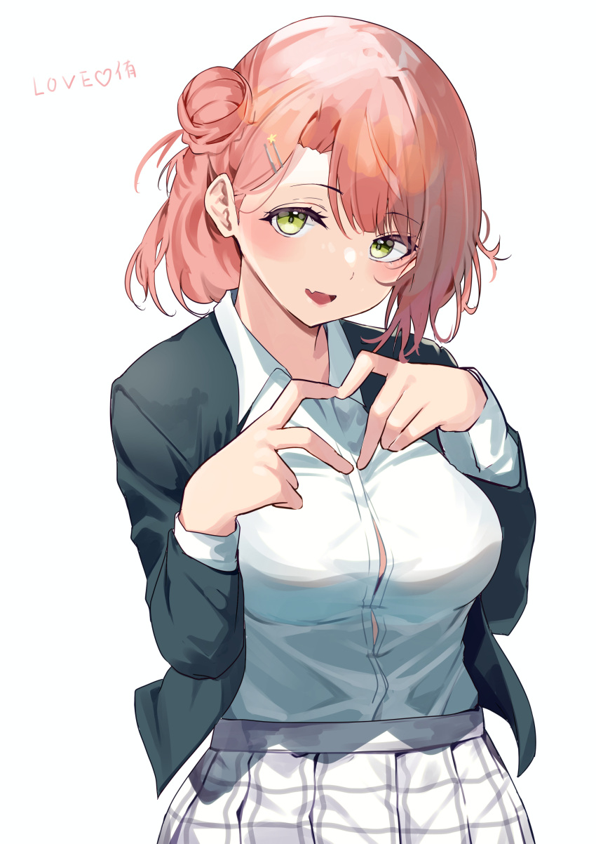 1girl, absurdres, arms_up, black_jacket, breasts, commentary_request, cowboy_shot, dress_shirt
