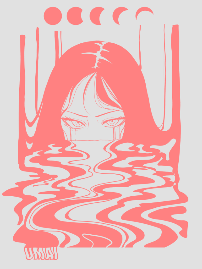 1girl, abstract, bangs, crescent_moon, dhjs_0010, flat_color, full_body, grey_background