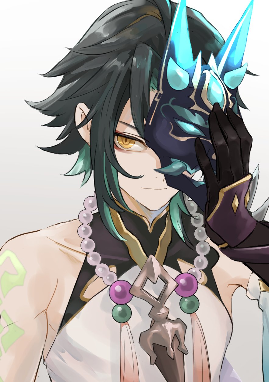 1boy, black_gloves, closed_mouth, genshin_impact, gloves, green_hair, highres, jewelry