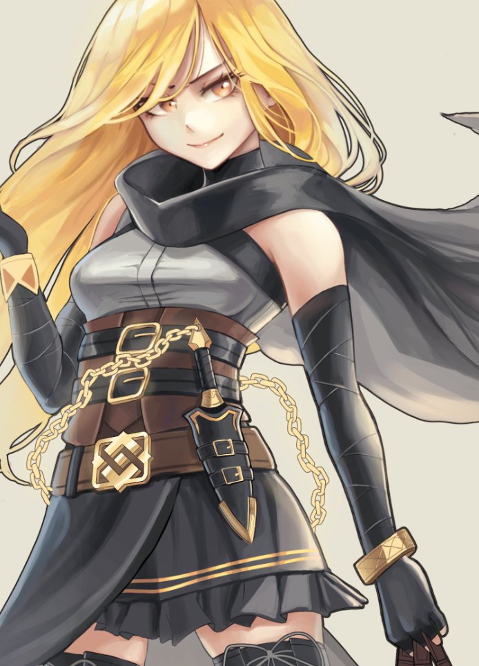 1girl, black_cape, black_gloves, black_skirt, blonde_hair, bracelet, breasts, cape, chain, cowboy_shot, dhjs_0010, elbow_gloves, fingerless_gloves, floating_cape, gloves, hand_up, jewelry, knife, long_hair, medium_breasts, original, skirt, solo, thigh-highs, very_long_hair, yellow_eyes