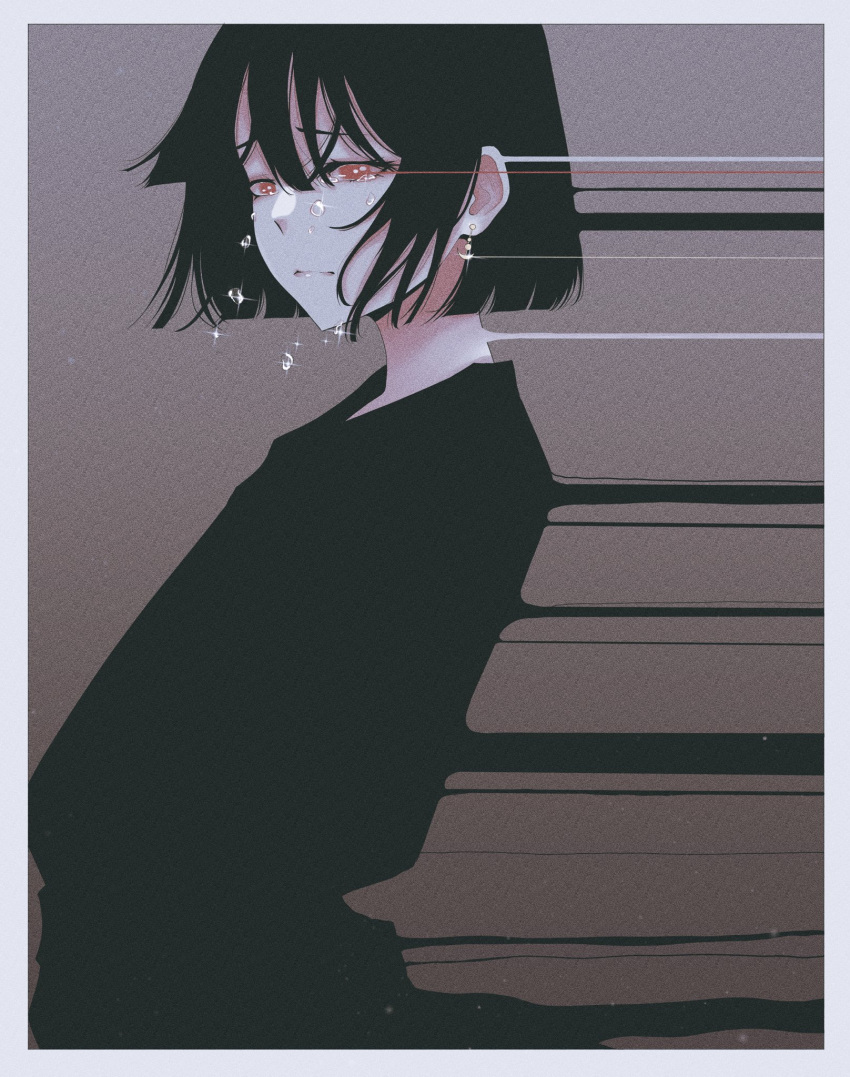 1girl, black_hair, black_shirt, border, crescent, crescent_earrings, dhjs_0010, earrings