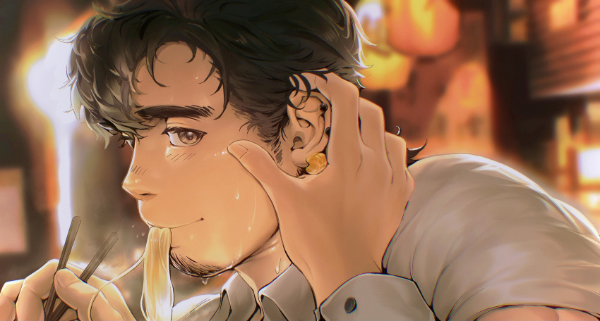 beard, black_hair, blush, earrings, eating, facial_hair, food, highres, isuke, jewelry, male_focus, noodles, original, ramen, sweat, touching