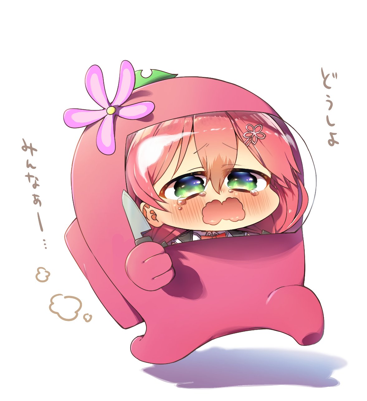 1girl, among_us, blush, chibi, crying, crying_with_eyes_open, flower, green_eyes, hair_between_eyes, hair_ornament, hairclip, highres, holding, holding_knife, hololive, impostor_(among_us), knife, open_mouth, pink_(among_us), pink_hair, sakura_miko, shadow, tears, uryuuminene18, virtual_youtuber, white_background