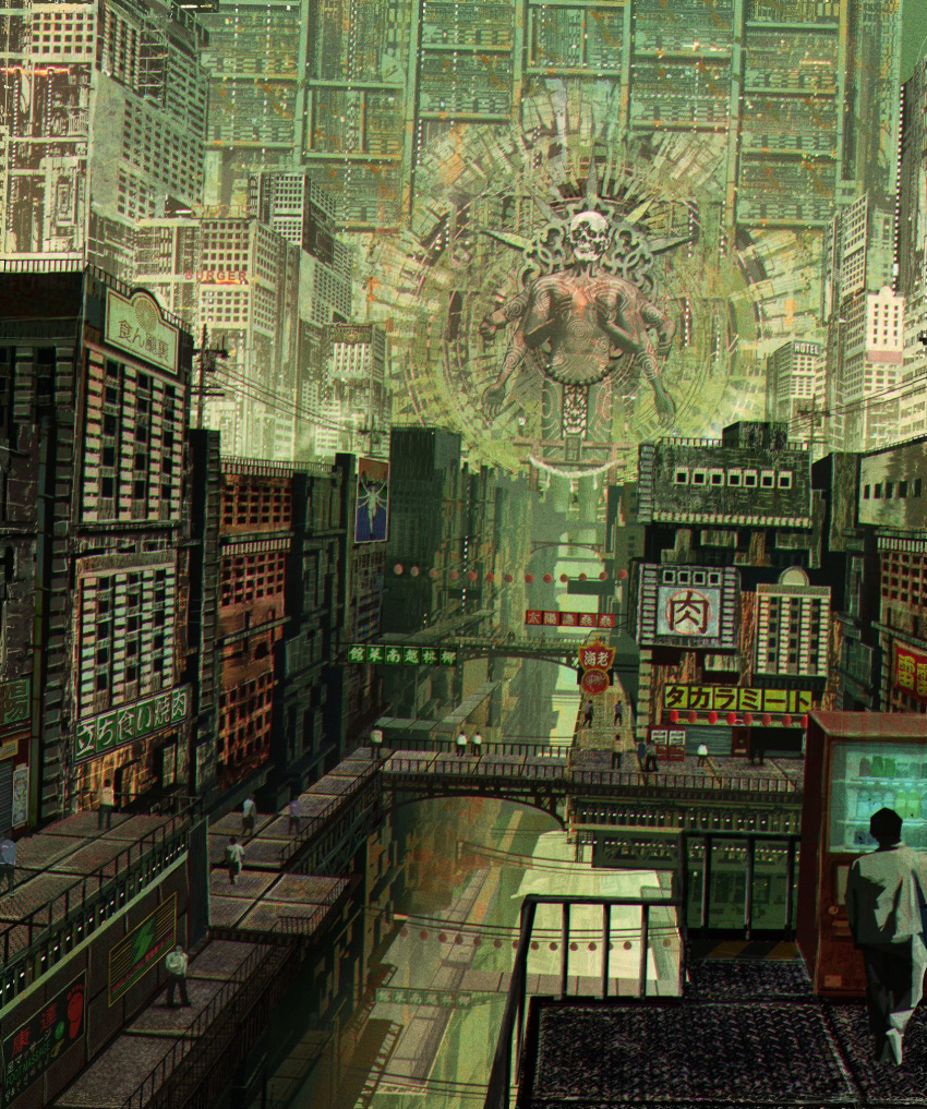 6+boys, bridge, building, cyberpunk, highres, multiple_boys, original, religion
