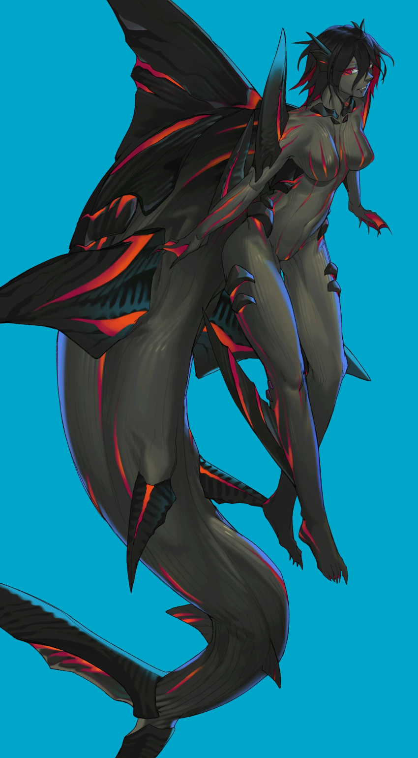 1girl, absurdres, alvin_(vier), black_hair, blue_background, dorsal_fin, facial_mark, fangs
