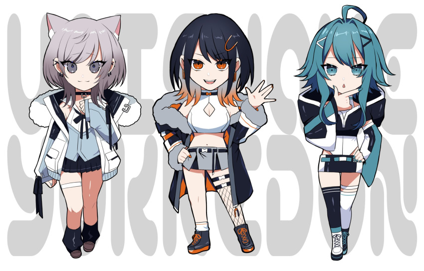 3girls, animal_ears, bangs, black_hair, black_jacket, black_skirt, blue_eyes, blue_hair