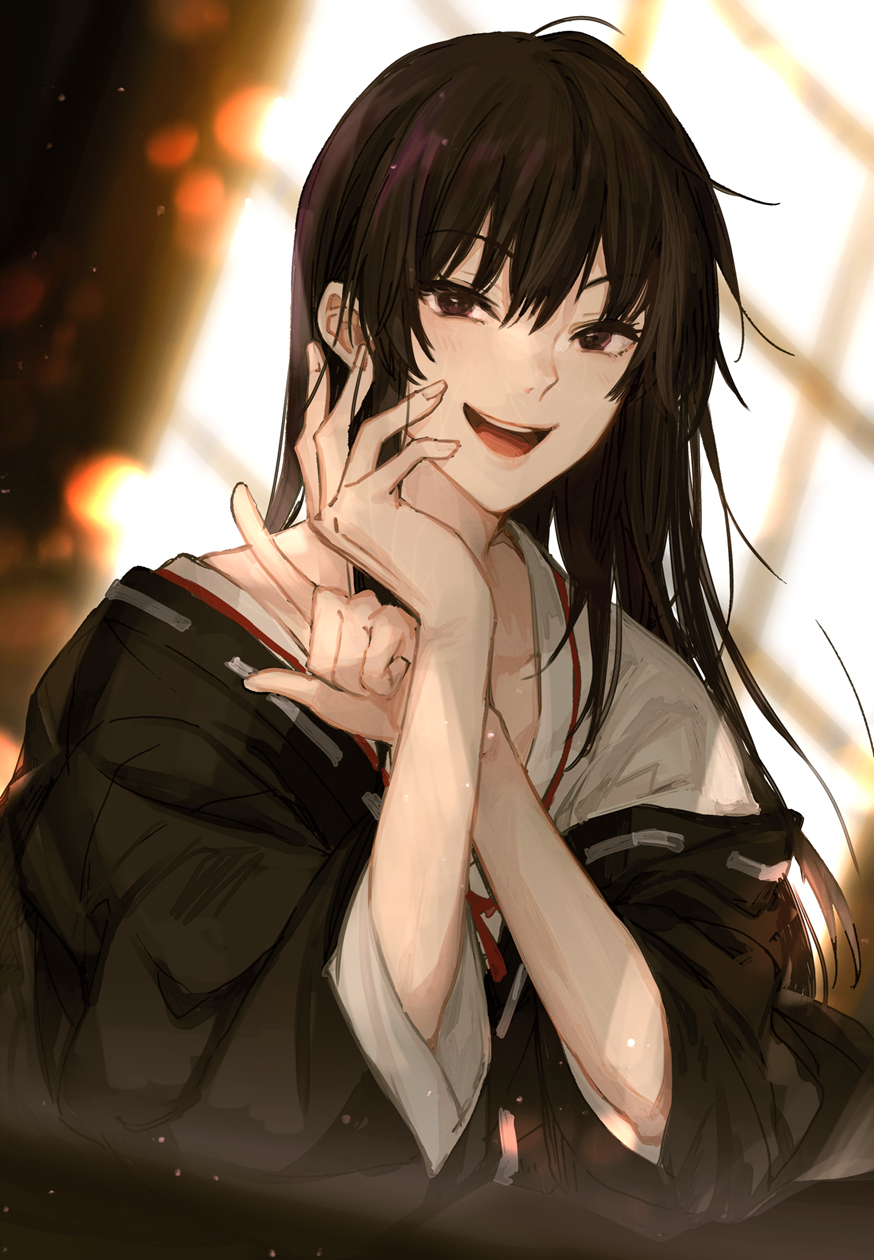 1boy, :d, aza_toma, black_eyes, black_hair, blurry, blurry_background, hands_up