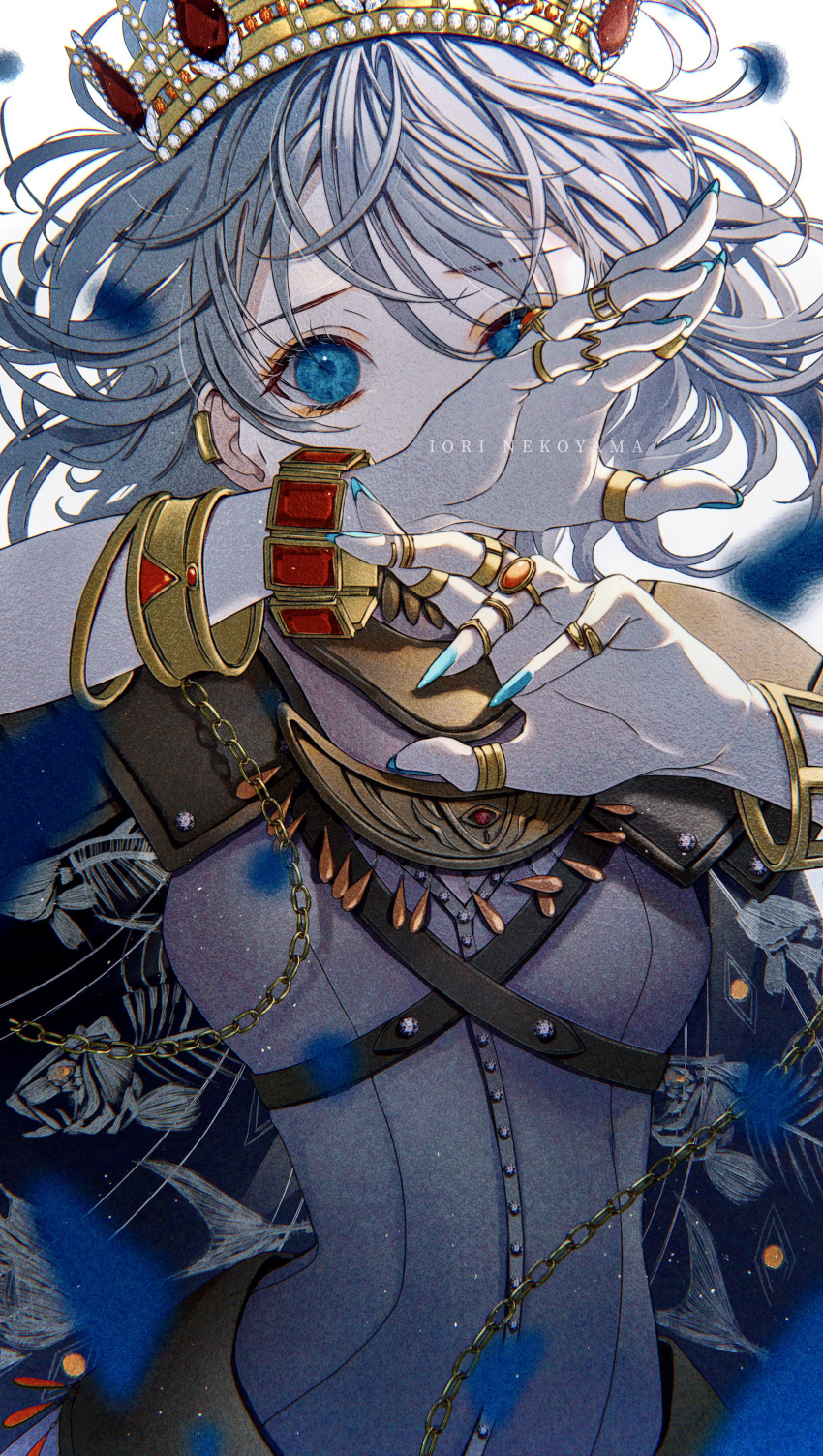 1girl, absurdres, arms_up, artist_name, bangs, blue_eyes, bone, bracelet