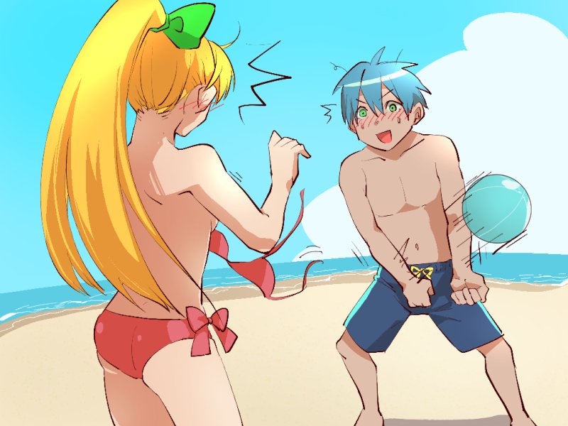 1boy, 1girl, arikindows10, ass, ball, beachball, blonde_hair, blush