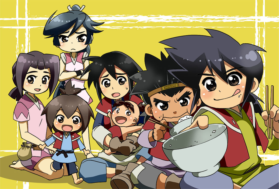 2girls, 4boys, baby, barefoot, black_hair, black_wristband, bowl, brown_eyes, brown_footwear, brown_gloves, brown_hair, child, chopsticks, clockwork_fighters_hiwou's_war, crossed_arms, eating, food, food_on_face, fujiwarasenka, gloves, hiwou, holding, holding_bowl, holding_chopsticks, japanese_clothes, jyobu_(hiwou), karakuri_kiden_hiwou_senki, kneeling, machi_(hiwou), mayu_(hiwou), multiple_boys, multiple_girls, open_mouth, pants, red_vest, rice, rice_bowl, rice_on_face, sai_(hiwou), shishi_(hiwou), simple_background, sitting, smile, standing, sweatdrop, tetsu_(hiwou), tongue, vest, wristband, yellow_background