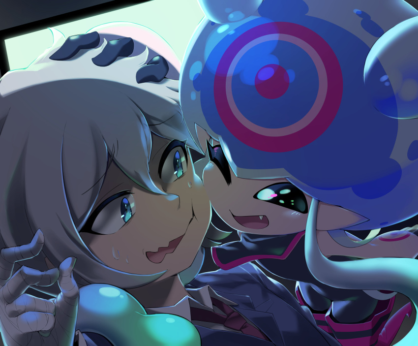 1boy, 1girl, absurdres, bandaged_hand, bandages, blue_eyes, cheek-to-cheek, digimon