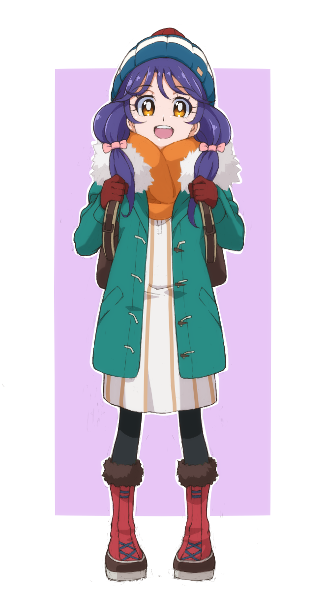 1girl, :d, backpack, bag, bangs, beanie, black_legwear, blue_coat