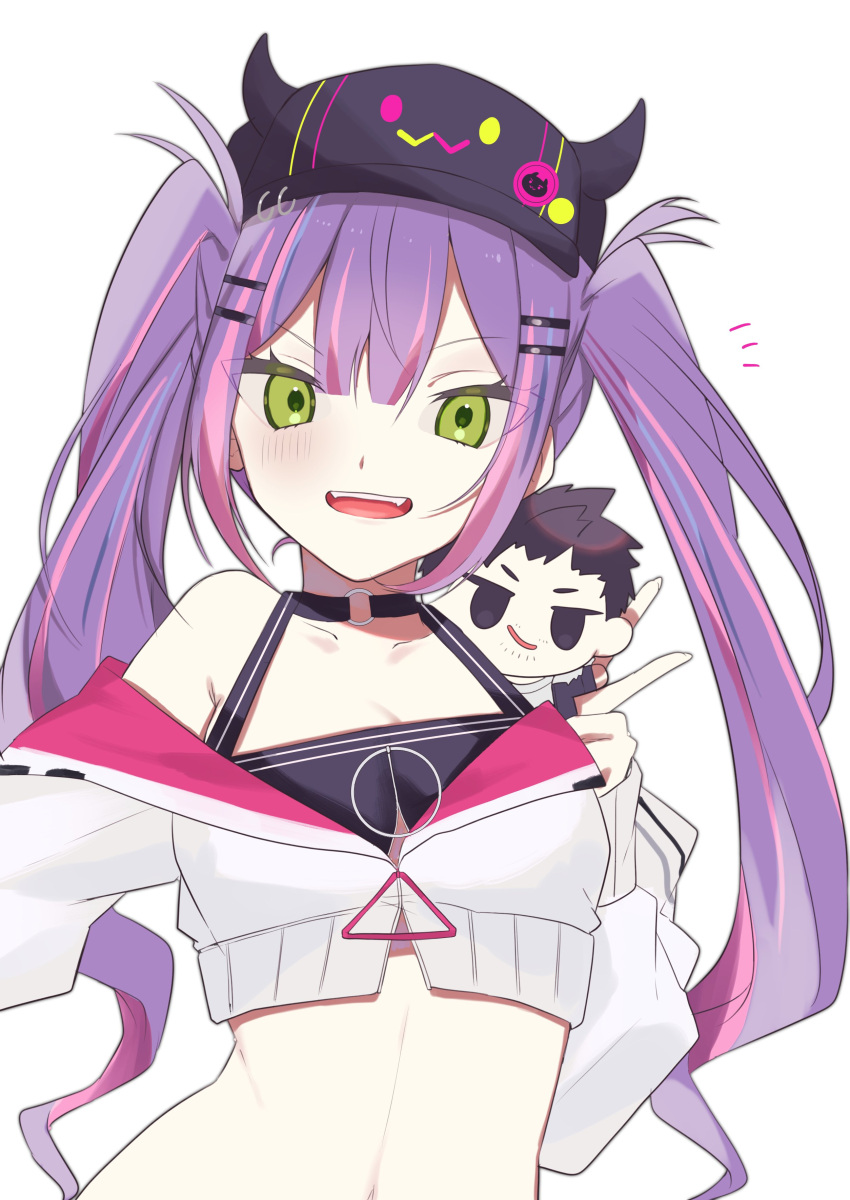 1boy, 1girl, absurdres, baseball_cap, bibi_(tokoyami_towa), black_eyes, black_hair, black_headwear, cropped_jacket, english_commentary, facial_hair, green_eyes, hat, highres, hololive, jacket, kom0980, midriff, miniboy, navel, off_shoulder, pointing_to_the_side, rpr, scarz, smile, solo_focus, stubble, tokoyami_towa, twintails, upper_body, v-shaped_eyebrows, virtual_youtuber, white_background, white_jacket