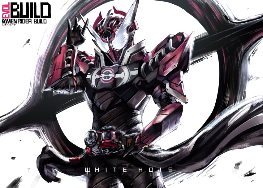 1boy, adapted_costume, alternate_costume, armor, build_driver, character_name, clothes_lift, compound_eyes
