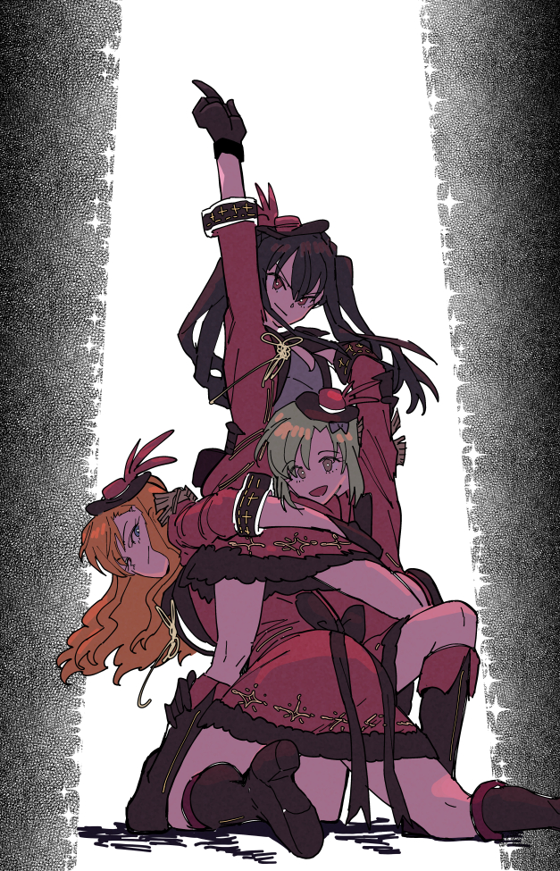 3girls, arm_up, aya_(idolmaster_starlit_season), black_gloves, black_hair, boots, brown_eyes, commentary_request, gloves, green_hair, gundam, gundam_narrative, hand_on_another's_hip, hand_on_another's_leg, hand_on_another's_shoulder, idolmaster, idolmaster_starlit_season, knee_boots, kneeling, leon_(idolmaster), long_hair, looking_at_viewer, miniskirt, multiple_girls, narrative_formation, niku-name, one_knee, orange_hair, parody, pointing, pointing_up, pose, red_skirt, shiika_(idolmaster), skirt, twintails