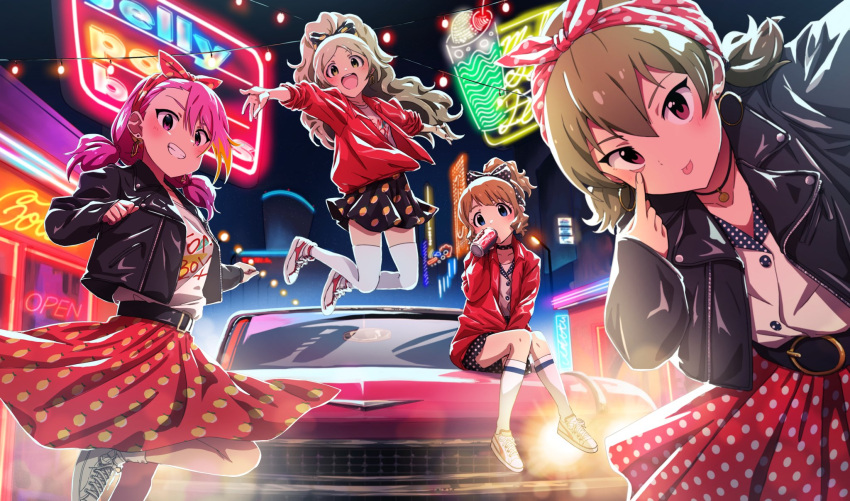 4girls, belt, black_jacket, can, car, commentary_request, drinking, earrings