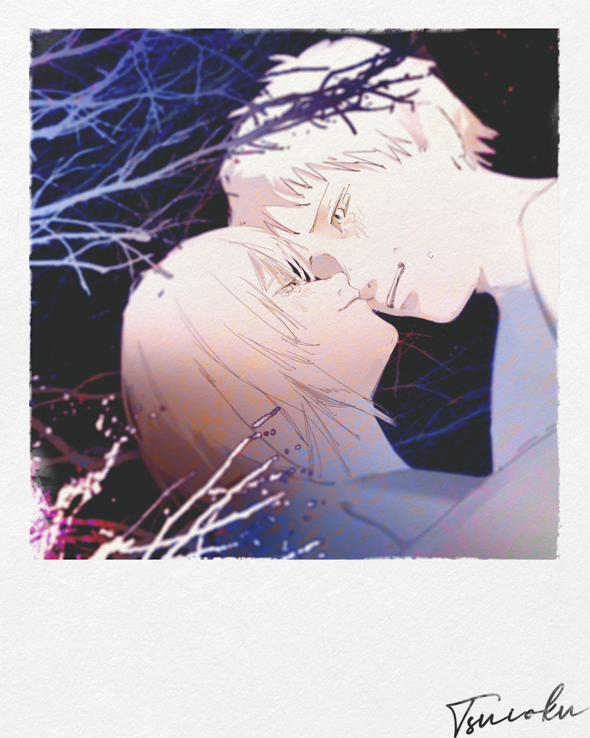 1boy, 1girl, absurdres, bare_tree, branch, crying, crying_with_eyes_open, film_grain