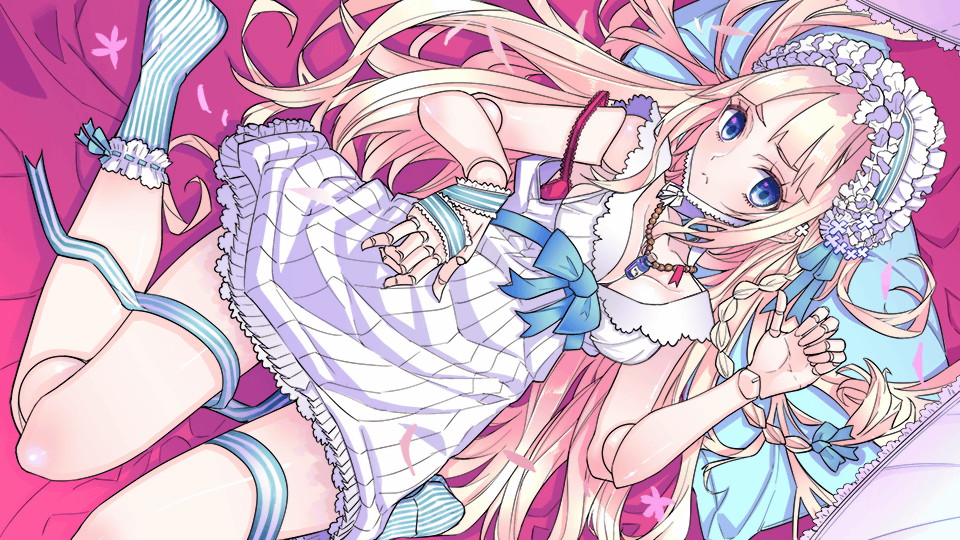 1girl, artist_request, bisque_(monster_musume), blonde_hair, blue_eyes, blue_footwear, bra, bra_strap