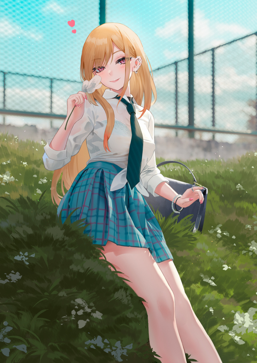 1girl, bag, bangs, bare_legs, blonde_hair, blue_skirt, blurry, blurry_background