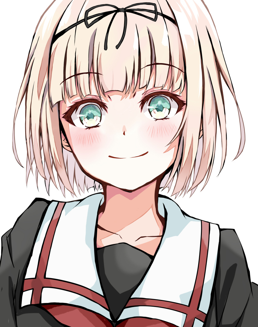 1girl, absurdres, alternate_hair_length, alternate_hairstyle, bangs, black_ribbon, black_serafuku, blonde_hair, blunt_bangs, commentary_request, dairyo3, green_eyes, hair_ribbon, highres, kantai_collection, looking_at_viewer, neckerchief, red_neckerchief, ribbon, sailor_collar, school_uniform, serafuku, short_hair, simple_background, smile, solo, white_background, white_sailor_collar, yuudachi_(kancolle)