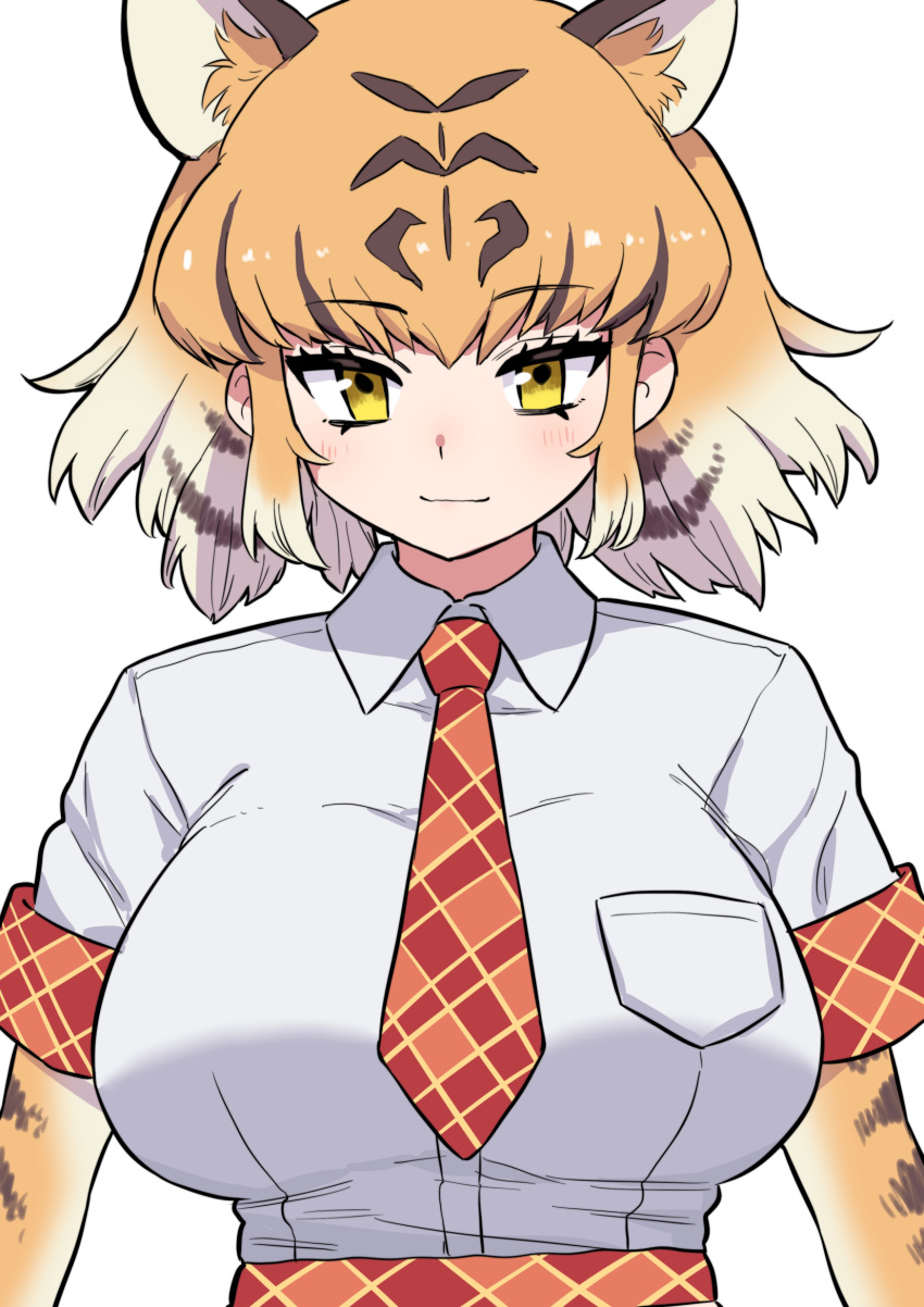 1girl, animal_ear_fluff, animal_ears, animal_print, breast_pocket, breasts, commentary_request, elbow_gloves