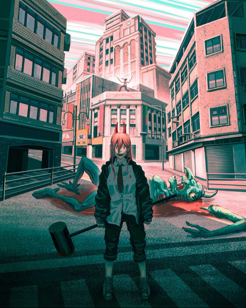 1boy, 1girl, black_necktie, blood, blood_on_clothes, building, chainsaw, chainsaw_man, cheering, colored_sclera, death, denim, denji_(chainsaw_man), green_eyes, hair_between_eyes, hammer, highres, holding, holding_hammer, holding_weapon, horns, jeans, lamppost, long_hair, long_nose, looking_at_viewer, monster, necktie, open_mouth, outdoors, pants, pink_hair, pool_of_blood, power_(chainsaw_man), railing, red_eyes, red_horns, severed_limb, sharp_teeth, shoes, sign, single_horn, sinsin08051, sleeves_past_wrists, smile, sneakers, solo_focus, teeth, upper_teeth, weapon, window, yellow_sclera