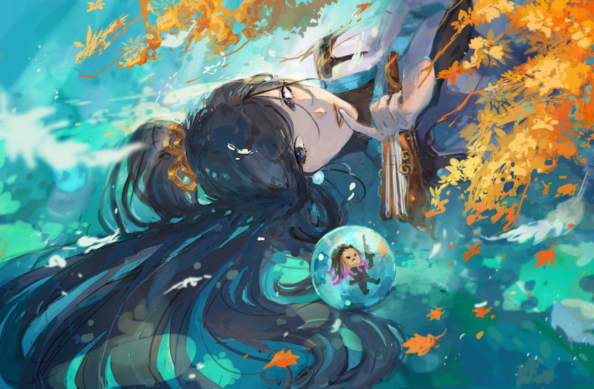2girls, angry, black_hair, earrings, glowing, glowing_earrings, hair_ribbon, highres, jewelry, leaf, long_hair, multicolored_hair, multiple_girls, open_mouth, orb, paint, ponytail, reyna_(valorant), ribbon, ribbon_hair, sage_(valorant), slynxoxo, smile, two-tone_hair, valorant, weapon