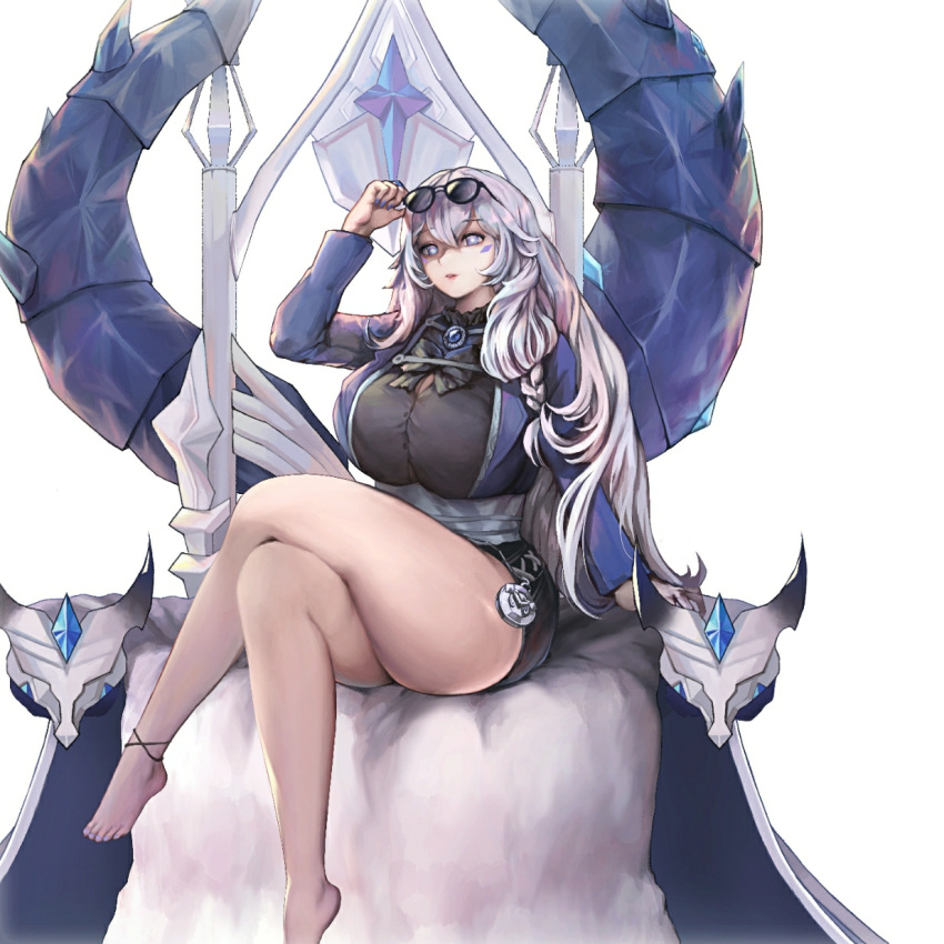 1girl, bak_bak, bare_legs, breasts, character_request, commission, crossed_legs, elsword