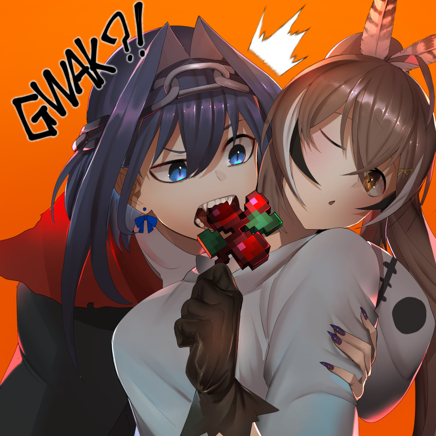 !?, 2girls, berry, biting, black_hair, blue_eyes, blue_hair, blue_nails