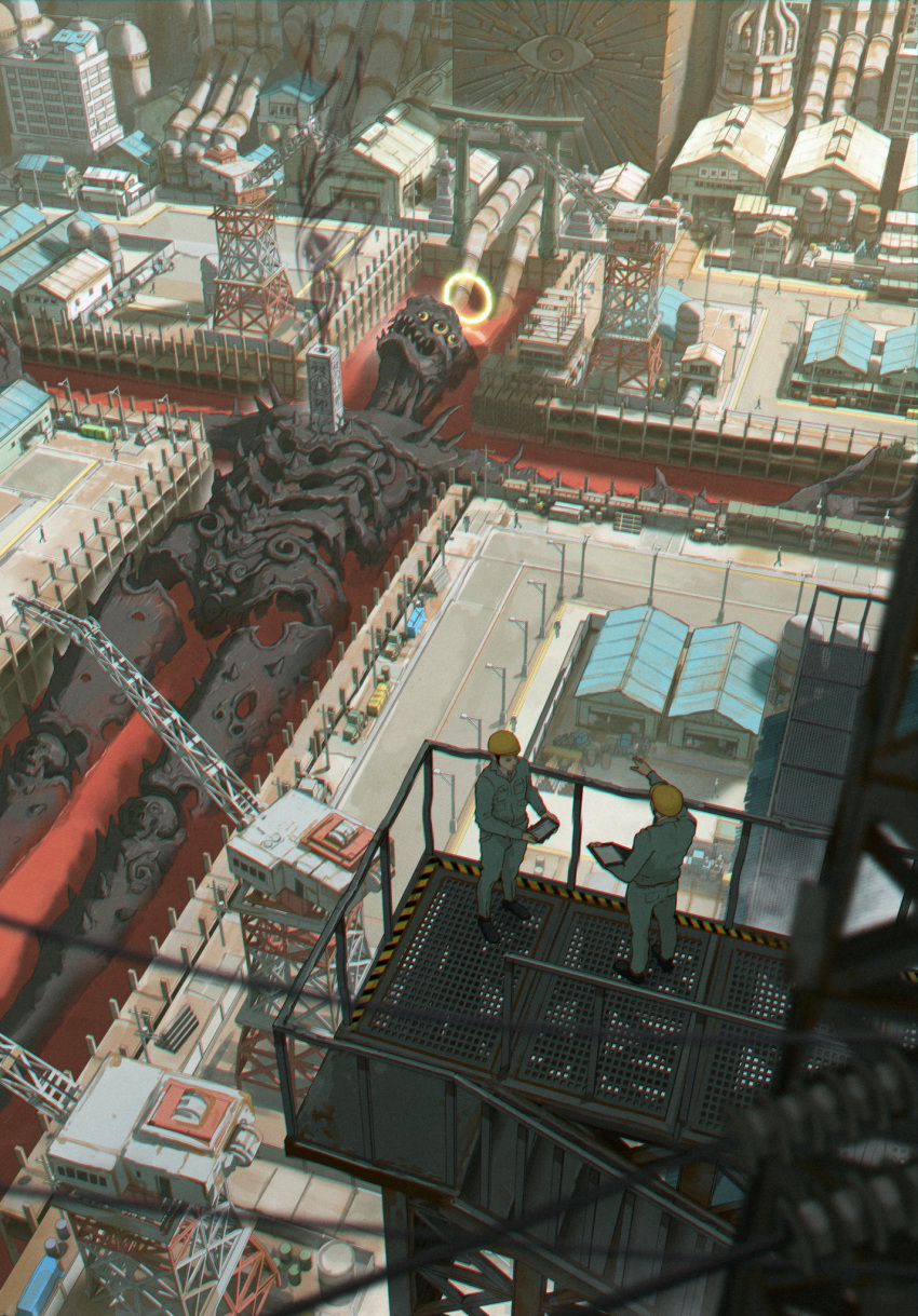 2boys, 6+others, ambiguous_red_liquid, arm_up, aura, barrel, black_footwear, blurry