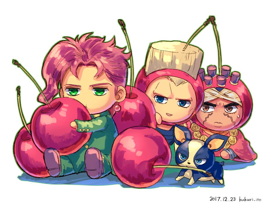 3boys, black_hair, blue_eyes, boston_terrier, brown_eyes, cherry_hat, chibi, dark-skinned_male