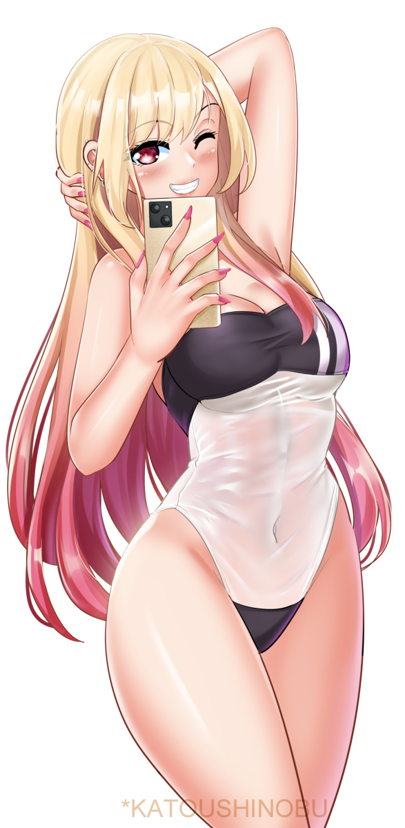 1girl, arms_up, bikini, blinking, blonde_hair, blush, bracelet, breasts